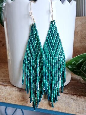 Hand Crafted Teal Chevron Beaded Fringe Earrings